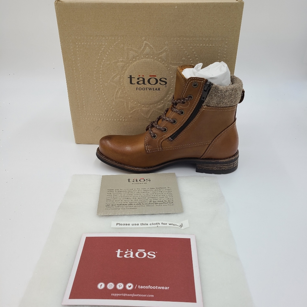 Taos Cutie Brown Camel Leather Ankle Boots Side Zip Faux Fur Lined Size 6- 6.5 M